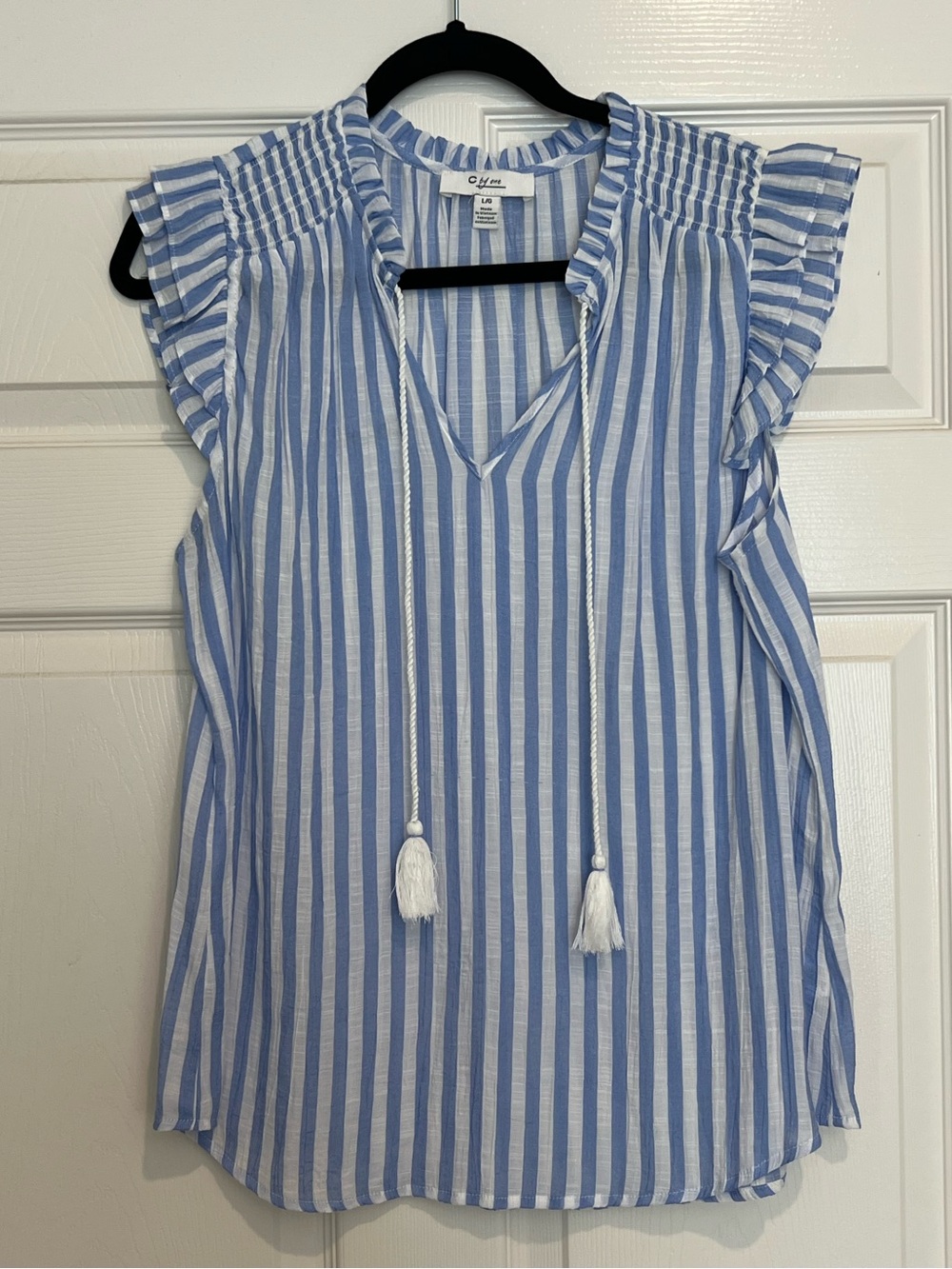 Striped Blue & White Tassel Tie Flutter Sleeve Blouse